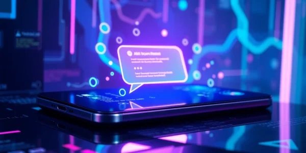 Futuristic AI chatbot interface with holographic data streams and glowing chat window on a modern device