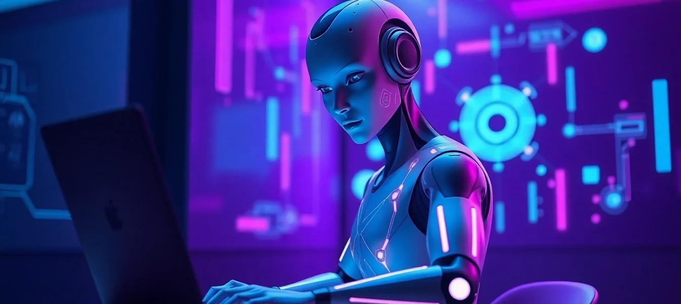 A futuristic AI character interacting in a high-tech environment with neon lighting and holographic data streams.