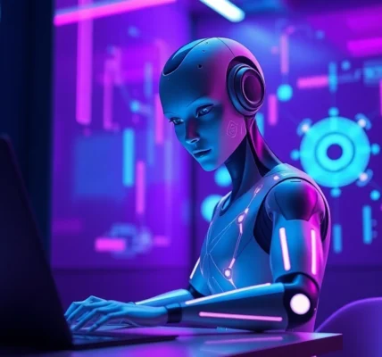 A futuristic AI character interacting in a high-tech environment with neon lighting and holographic data streams.