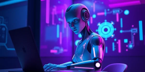 A futuristic AI character interacting in a high-tech environment with neon lighting and holographic data streams.