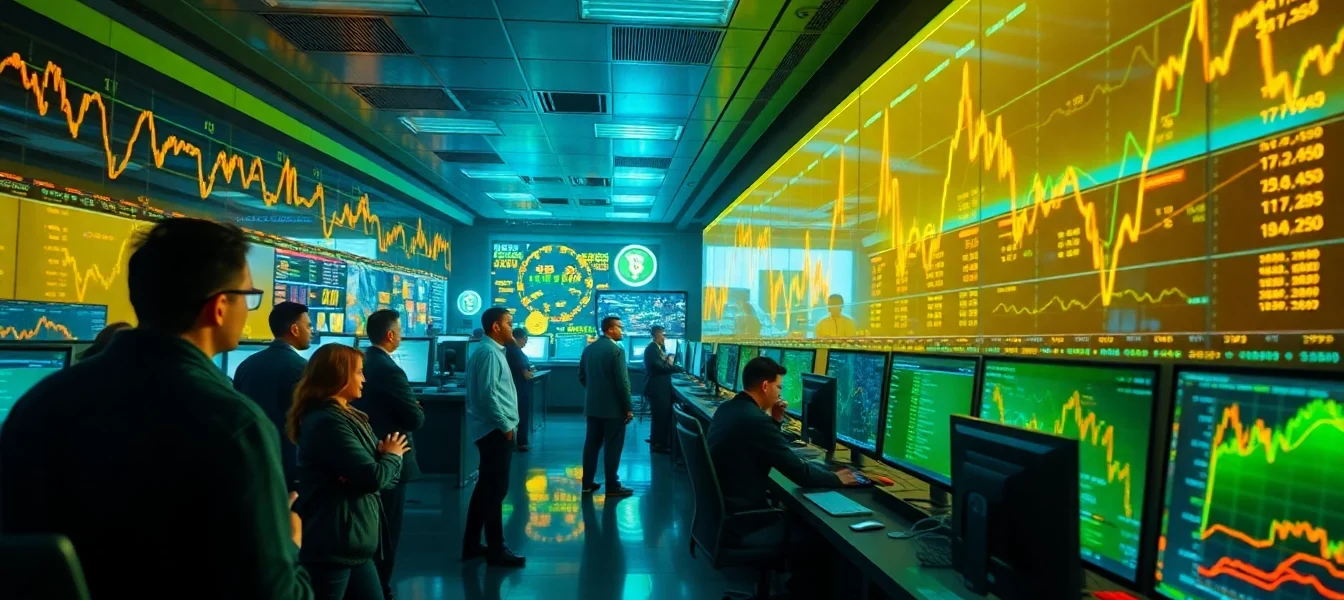 Crypto exchange platform showcasing vibrant charts and professional traders making strategic