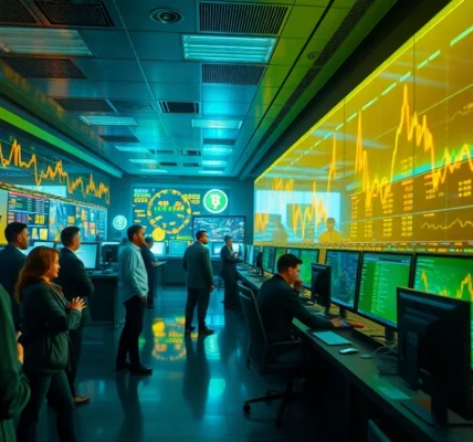Crypto exchange platform showcasing vibrant charts and professional traders making strategic