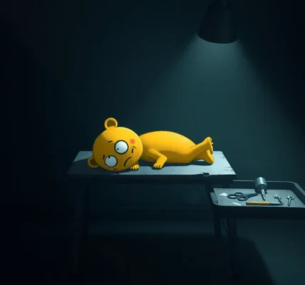 A distressed cartoon character named Harvey, suffering in a dark, clinical room with medical tools around him, illustrating the game's moral and psychological tension.