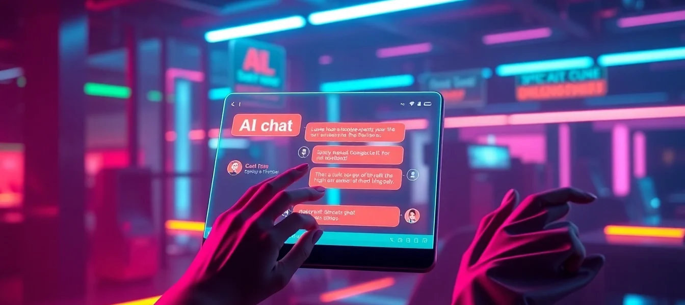 Spicy AI Chat app interface with vibrant neon accents showing realistic, uncensored conversation on a sleek device for engaging roleplay.
