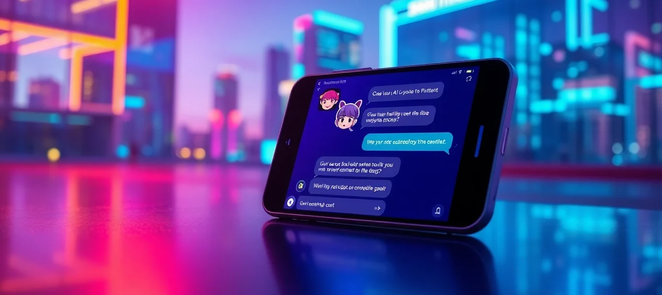Futuristic smartphone displaying an AI chat interface with a friendly avatar against a neon-lit cityscape at dusk.