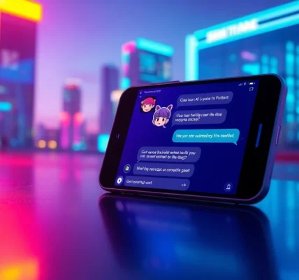 Futuristic smartphone displaying an AI chat interface with a friendly avatar against a neon-lit cityscape at dusk.