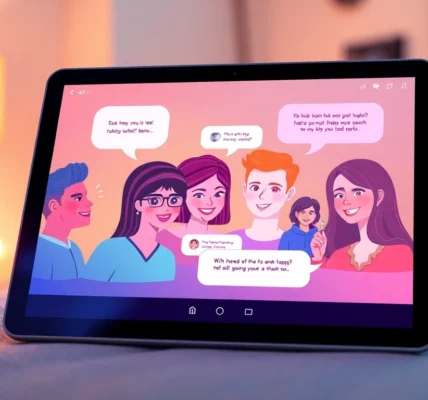 Futuristic chat interface featuring animated AI characters on a sleek tablet in a cozy modern room.