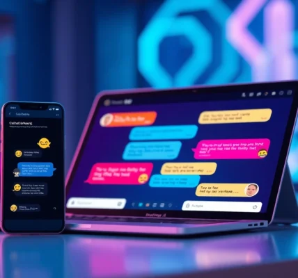 Modern digital devices displaying colorful chat conversations with playful emojis and AI characters.