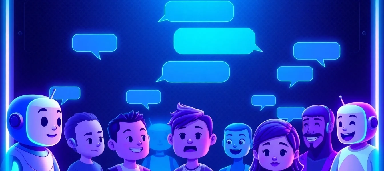 Digital illustration of a futuristic chat interface with animated AI characters engaged in lively conversations, glowing text bubbles, and a high-tech background.