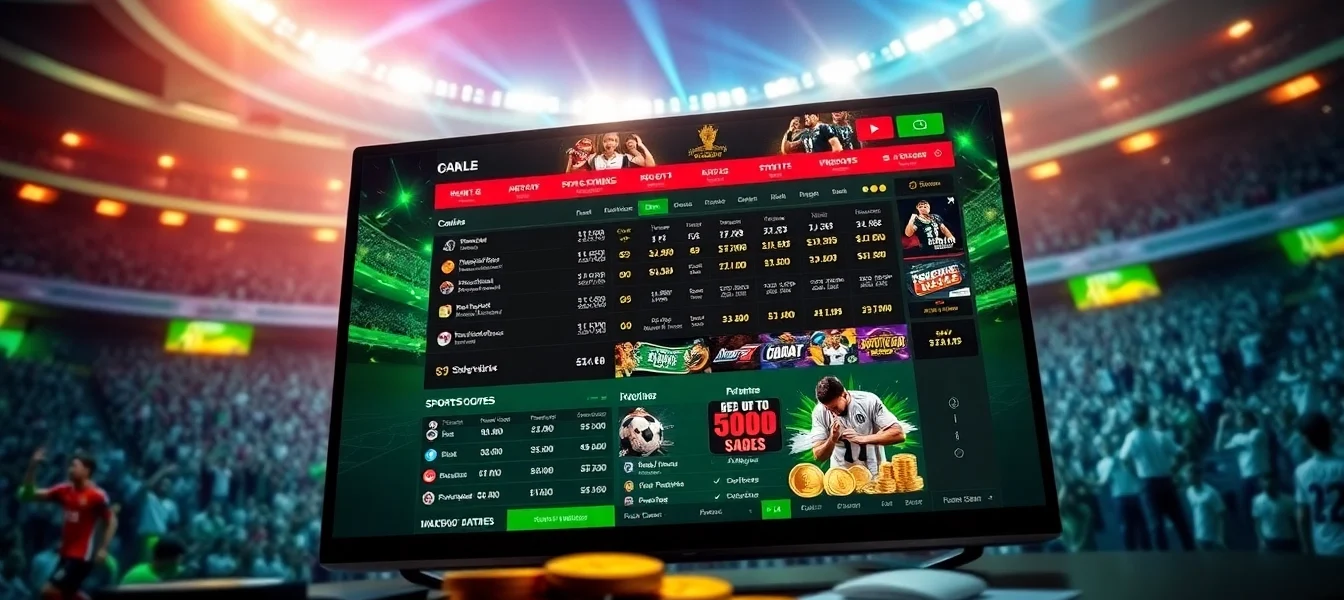 Online sportsbook and casino interface with sports stadium in background, vibrant colors, exciting mood