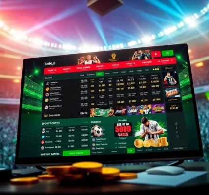 Online sportsbook and casino interface with sports stadium in background, vibrant colors, exciting mood