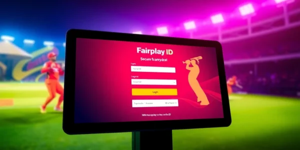 Fairplay Id is showcased on a secure login screen with vibrant sports graphics, demonstrating a seamless betting experience.