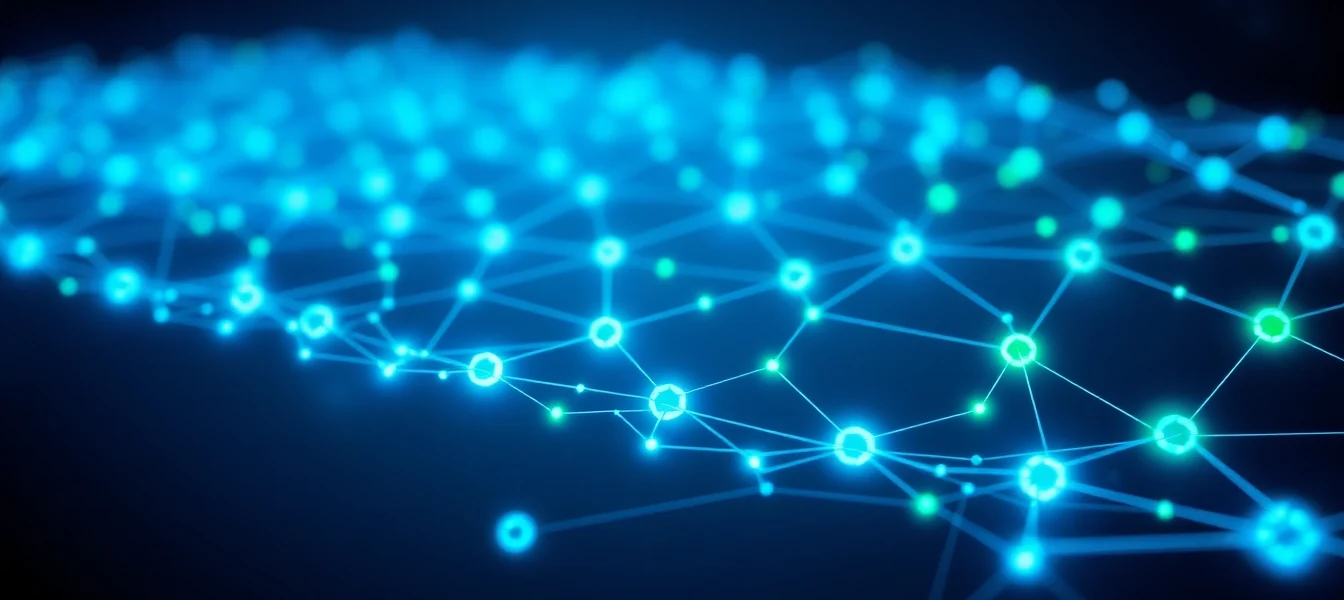 Illustration of blockchain technology displaying connected nodes and secure digital ledger for transparency and trust.