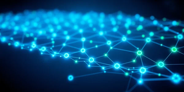 Illustration of blockchain technology displaying connected nodes and secure digital ledger for transparency and trust.