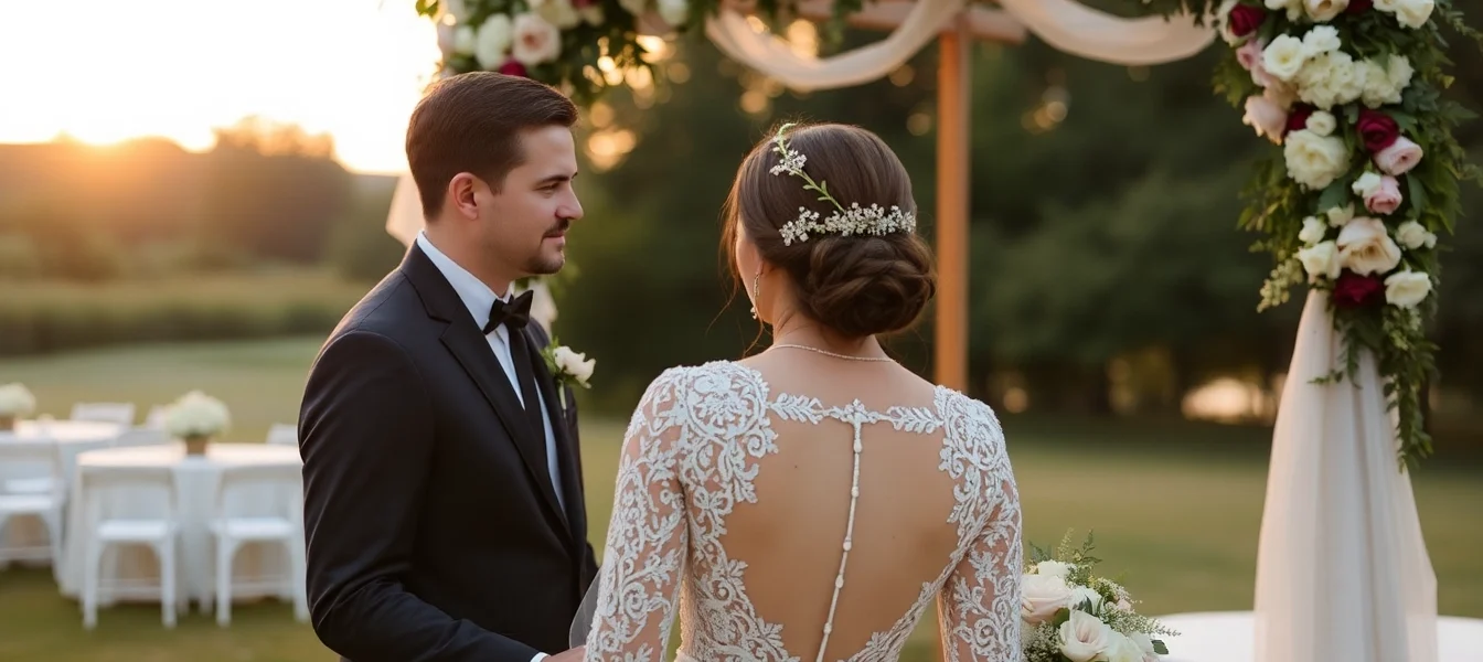 Photographie de mariage à Liège montrant un couple sous une arche florale lors d'une célébration en plein air, ambiance chaleureuse et élégante.