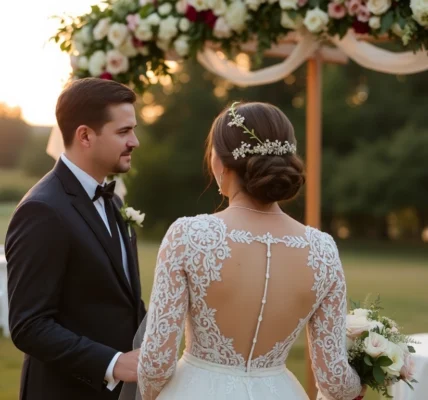 Photographie de mariage à Liège montrant un couple sous une arche florale lors d'une célébration en plein air, ambiance chaleureuse et élégante.