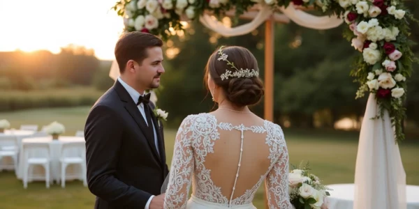 Photographie de mariage à Liège montrant un couple sous une arche florale lors d'une célébration en plein air, ambiance chaleureuse et élégante.