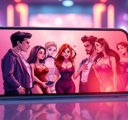 Illustration of a futuristic chat interface with flirtatious AI characters on screens