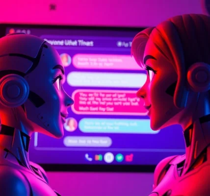 Close-up of animated AI characters in a neon-lit chat interface, creating a seductive and intimate mood.