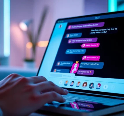 A person engaging with a futuristic AI chat platform on a tablet, with vibrant character profiles and glowing screens.