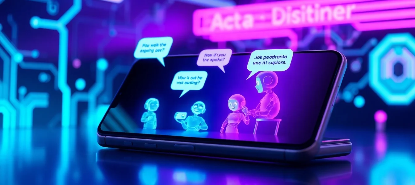 Futuristic AI chat interface on a smartphone with glowing characters and neon background.