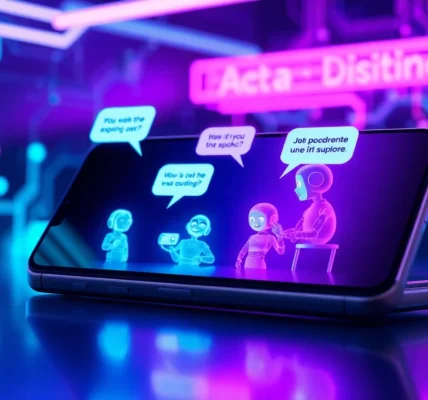 Futuristic AI chat interface on a smartphone with glowing characters and neon background.