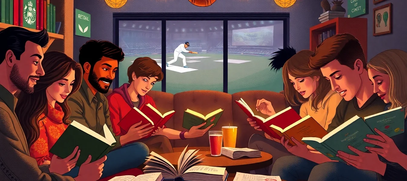 Engaging scene of diverse readers at REDDY BOOK CLUB, immersed in books with lively energy and cozy ambiance.