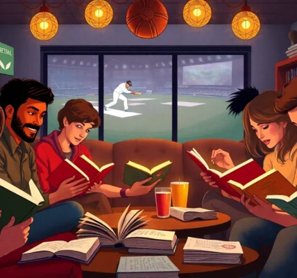 Engaging scene of diverse readers at REDDY BOOK CLUB, immersed in books with lively energy and cozy ambiance.