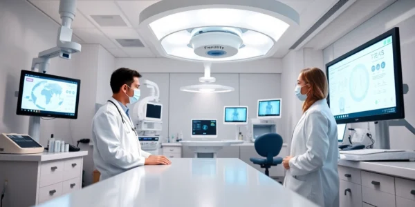Fivet Italia fertility specialists analyze treatment plans in a modern clinic setting