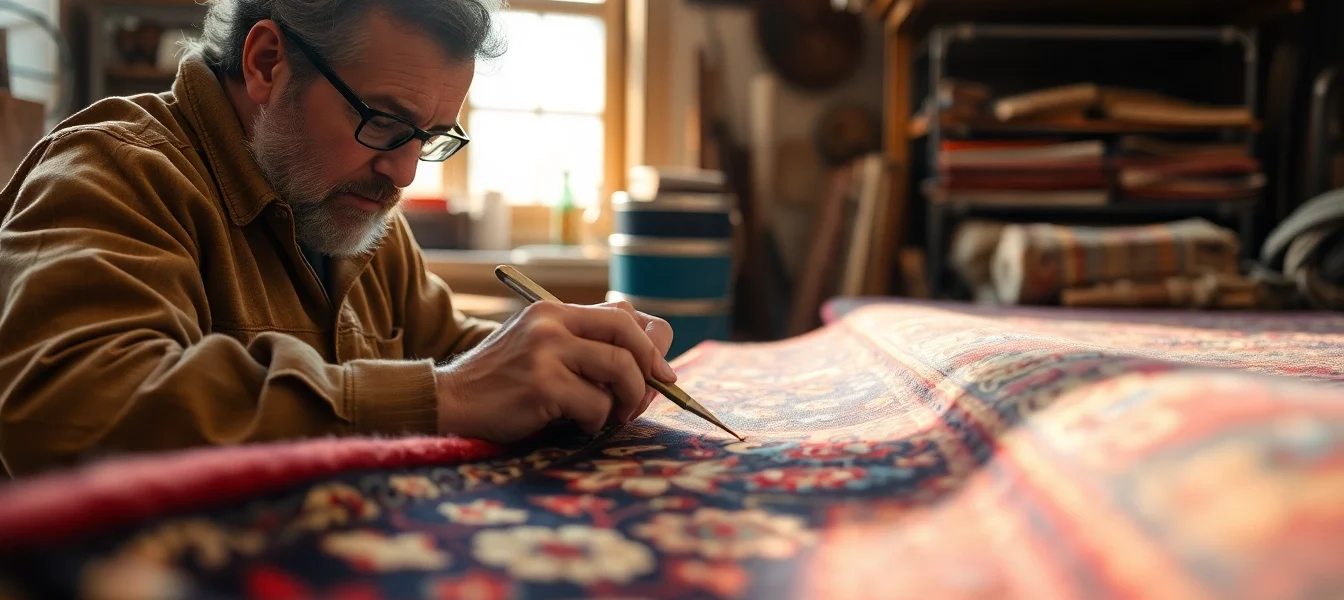Professional team performing Restauro Tappeti milano on a detailed Persian rug, showcasing