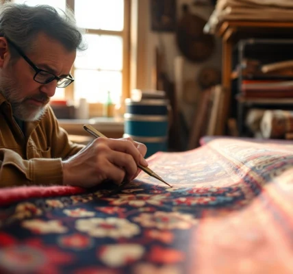 Professional team performing Restauro Tappeti milano on a detailed Persian rug, showcasing