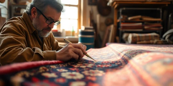 Professional team performing Restauro Tappeti milano on a detailed Persian rug, showcasing