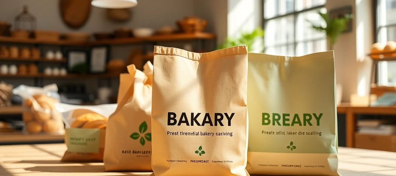 High quality photo of a bakery display with eco-friendly torba papierowa paper bags being