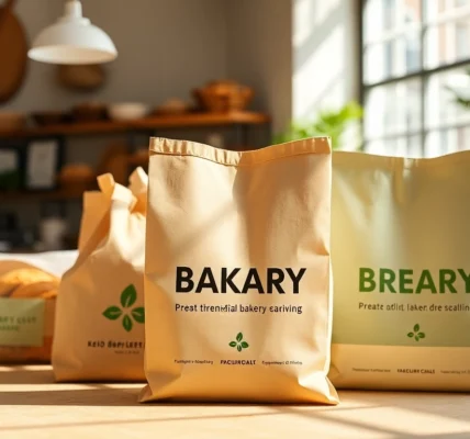 High quality photo of a bakery display with eco-friendly torba papierowa paper bags being