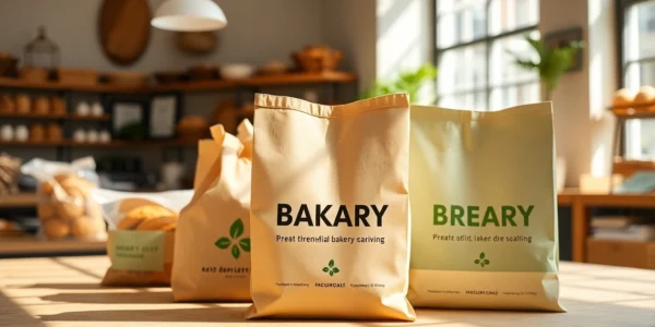High quality photo of a bakery display with eco-friendly torba papierowa paper bags being