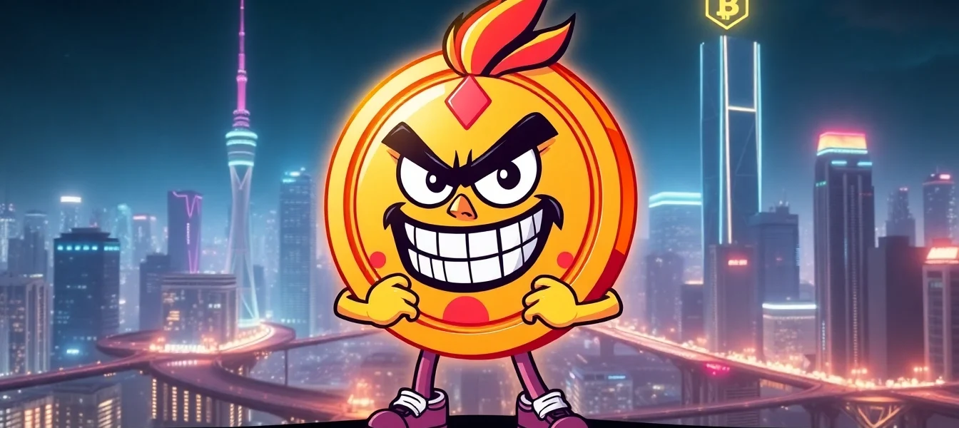 Meme Coin For Rebels platform featuring a rebellious mascot in a vibrant, urban setting with