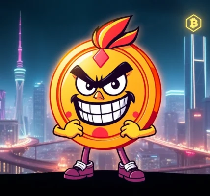 Meme Coin For Rebels platform featuring a rebellious mascot in a vibrant, urban setting with