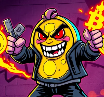Meme Coin For Rebels depicted as a bold street-style character with crypto symbols in a