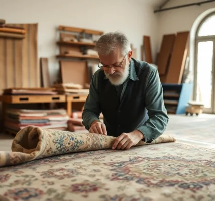 Professional team performs Restauro Tappeti milano on a vintage Persian rug with careful