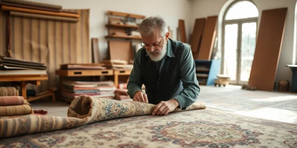 Professional team performs Restauro Tappeti milano on a vintage Persian rug with careful