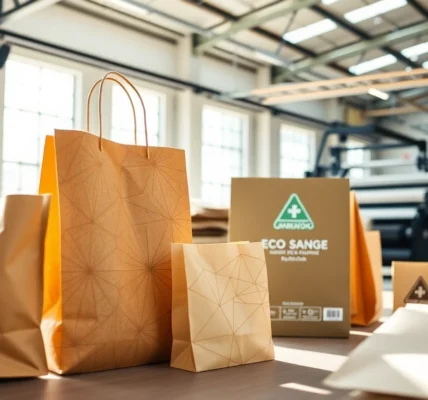 High-quality photo of a torba papierowa being assembled by eco-friendly packaging machines in a