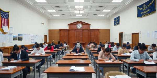 Students preparing for State Govt Jobs exams in a busy testing center to inspire confidence and