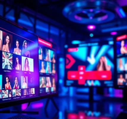 Digital interface of an adult entertainment website with colorful thumbnails and high-tech design elements.