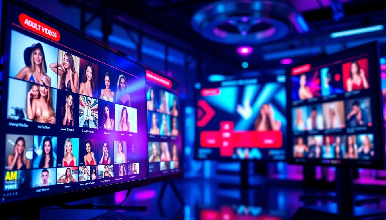 Digital interface of an adult entertainment website with colorful thumbnails and high-tech design elements.