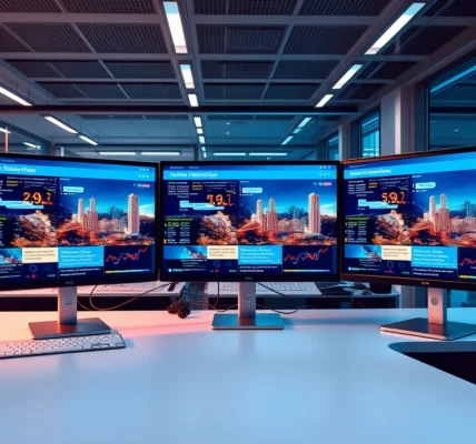 Business news analyst reviewing latest financial headlines on digital screens for business news
