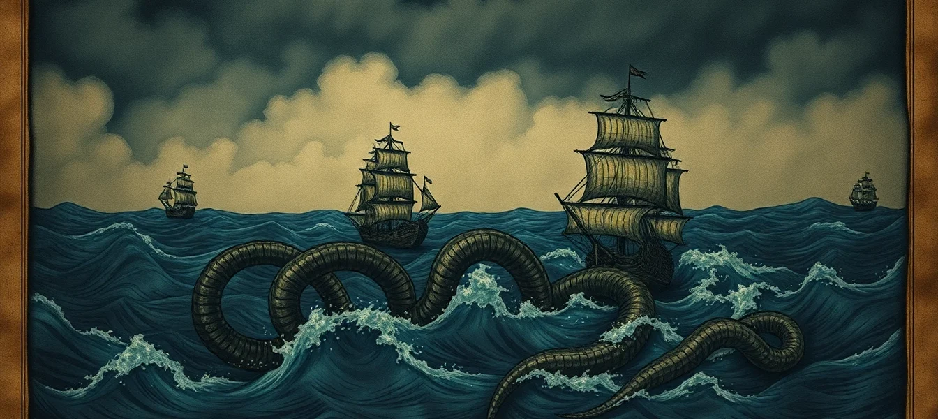 Dynamic scene illustrating kraken legendary giant squid attacking ships with massive tentacles