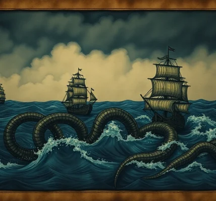 Dynamic scene illustrating kraken legendary giant squid attacking ships with massive tentacles