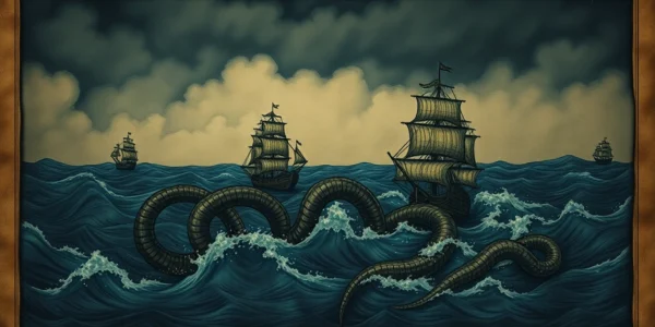 Dynamic scene illustrating kraken legendary giant squid attacking ships with massive tentacles