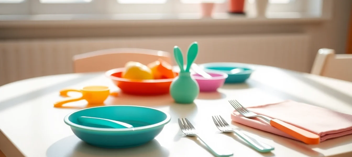 Colorful baby feeding set for weaning being used by a smiling toddler at a table, highlighting