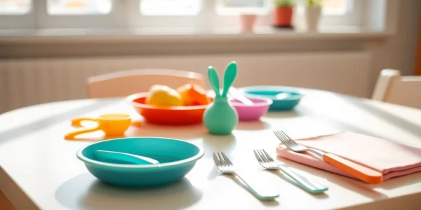 Colorful baby feeding set for weaning being used by a smiling toddler at a table, highlighting